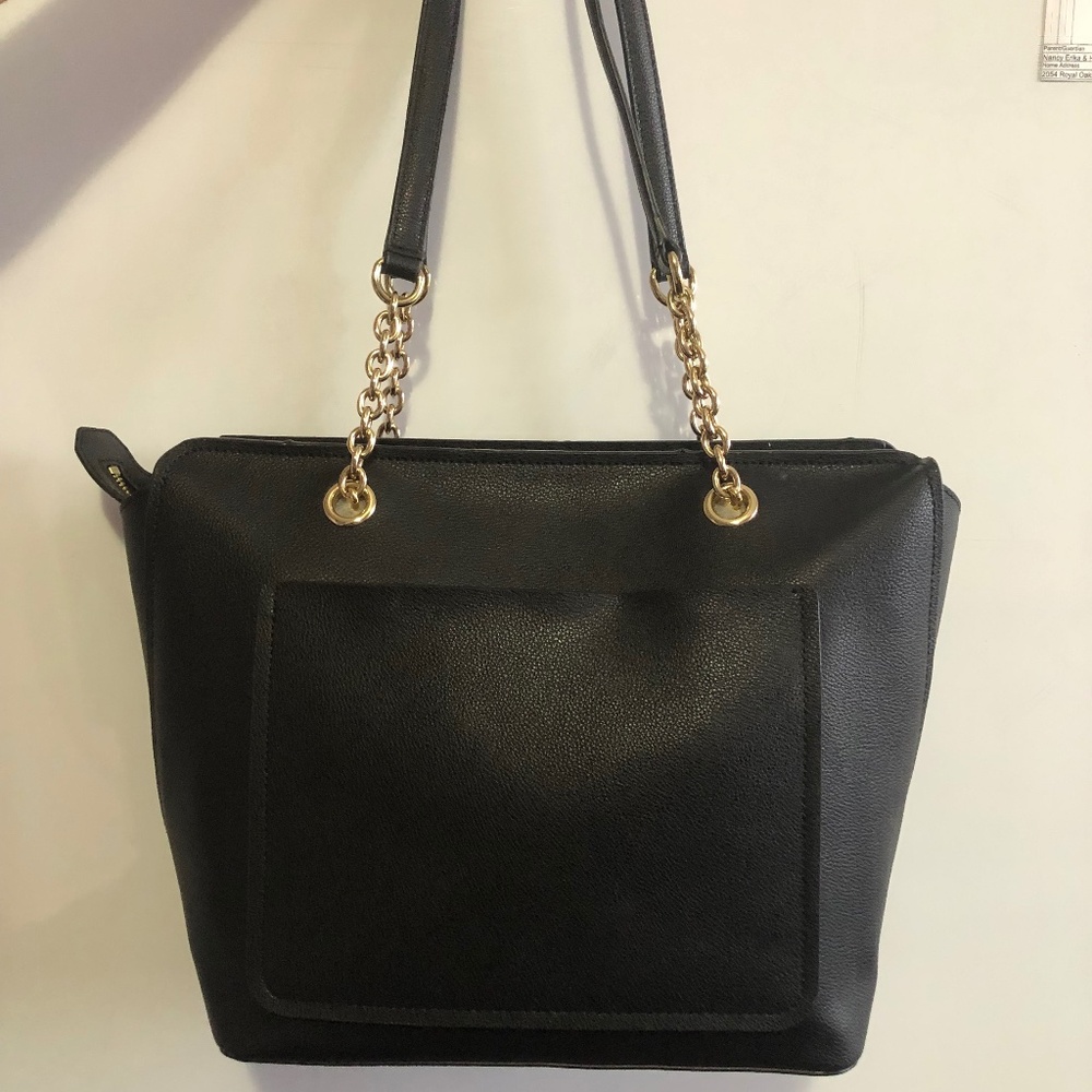 Calvin Klein Black Pebbled Tote Bag Gold Chain Shoulder Strap CK Handbag